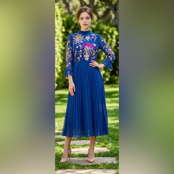 ASOS Dresses & Skirts - NWT ASOS Royal Blue Embroidered Pleated Midi Dress